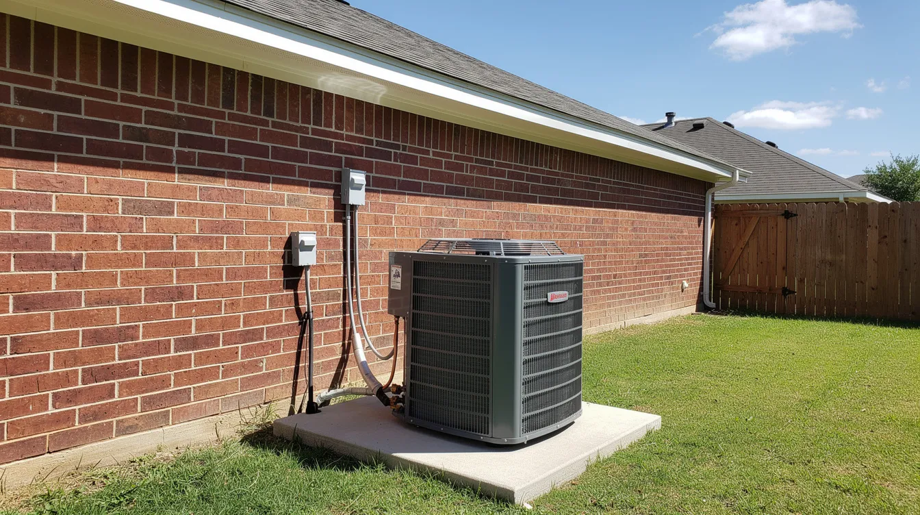 A modern Trane air conditioning condenser unit is installed on a concrete pad beside a single-story brick home in a sunny Texas neighborhood, showcasing its energy efficiency and advanced humidity control features. This outdoor unit is part of a central air conditioner system designed to provide effective cooling during the annual cooling season.