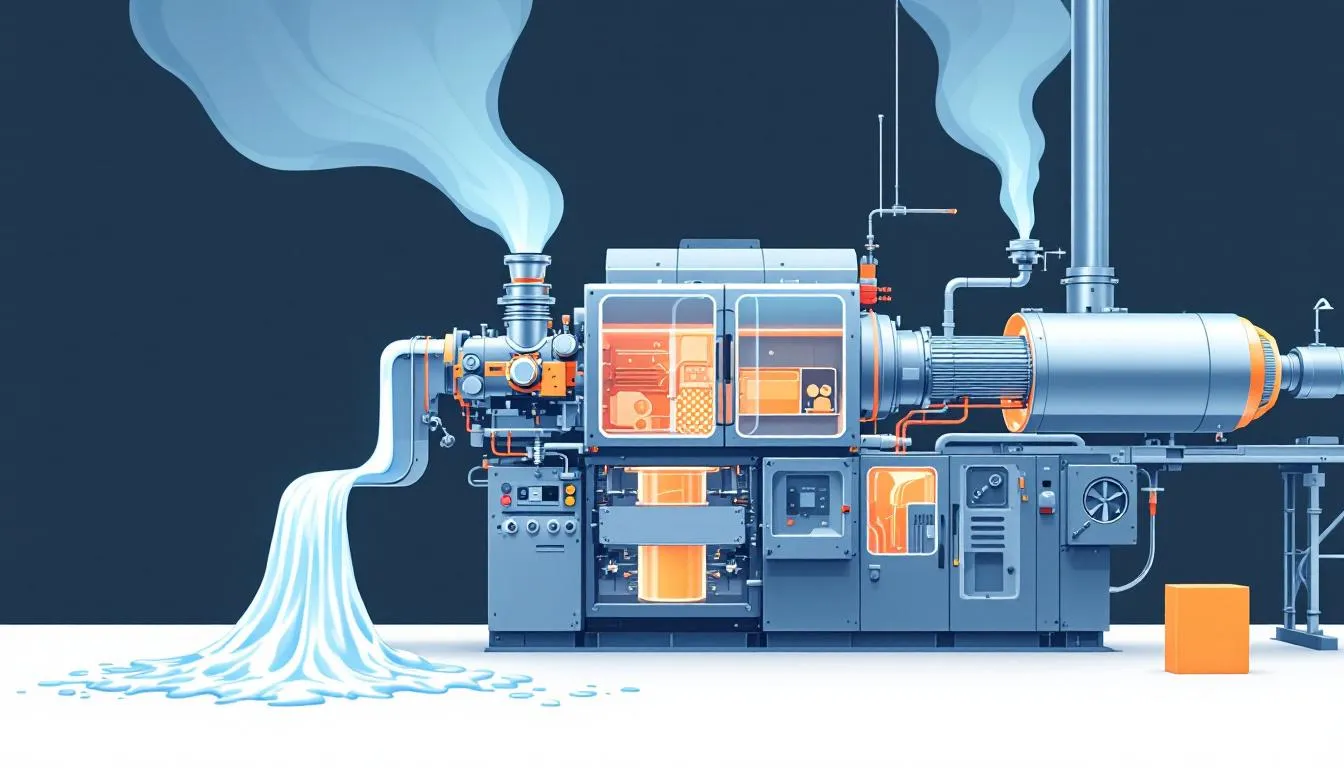 An illustration showing the plastic extrusion process with molten plastic flowing through a machine.