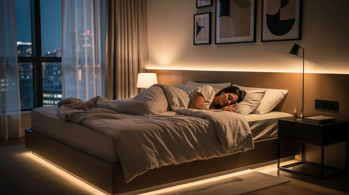 A person is sleeping peacefully in a modern bedroom, surrounded by ambient lighting that enhances the serene sleep environment. The scene suggests the use of a smart mattress, possibly gel-infused memory foam, designed for optimal sleep quality and comfort.