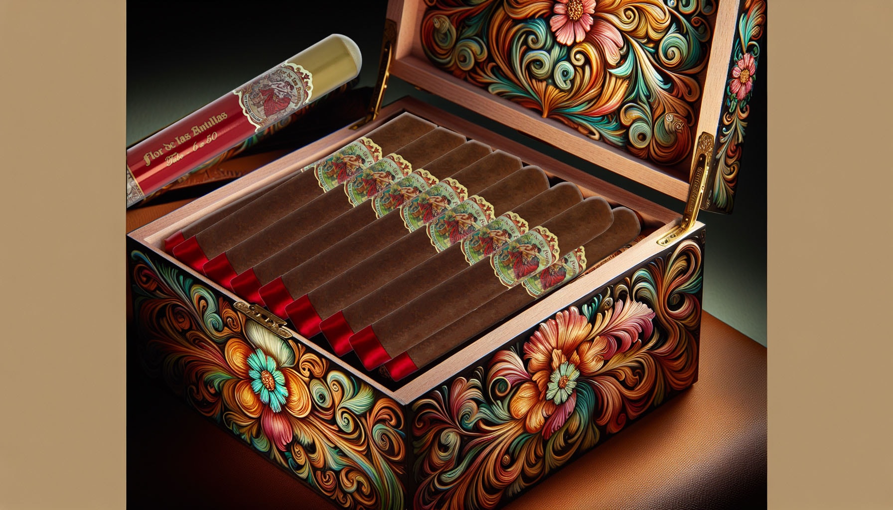 An illustration of a cigar box with the design inspired by Flor de las Antillas by My Father.