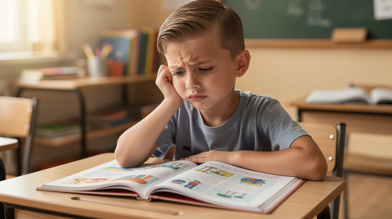 A young child sits at a desk, looking at an open textbook with a puzzled expression, indicative of a child struggling with working memory difficulties. This moment highlights the importance of using visual aids and breaking tasks into manageable chunks to help children process information and succeed in their learning efforts.