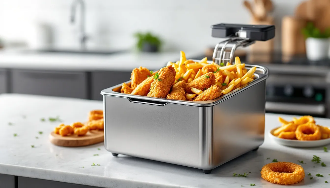 A deep fryer filled with golden-brown fried food.