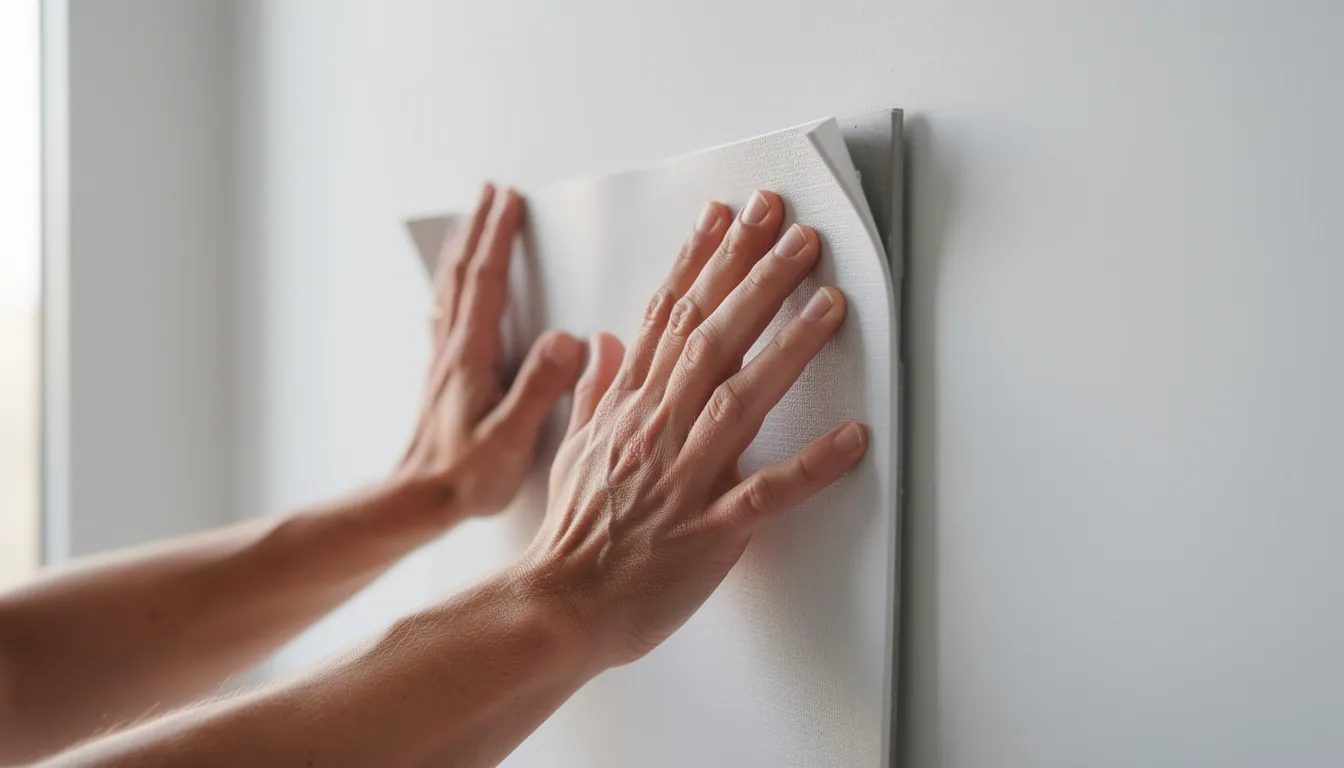 Twee handen drukken een zelfklevend wandpaneel stevig aan op een schone witte muur, wat een moderne en natuurlijke uitstraling aan de ruimte geeft. Dit paneel kan een perfecte oplossing zijn voor het bekleden van muren in verschillende ruimtes, zoals de woonkamer of keuken.