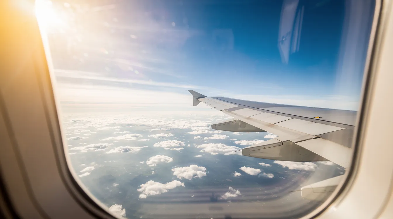 The image shows an airplane wing viewed through a window, with fluffy white clouds and bright sunlight illuminating the scene. This captures the feeling of soaring through the skies, perfect for those planning their next British Airways flights or unforgettable adventures.