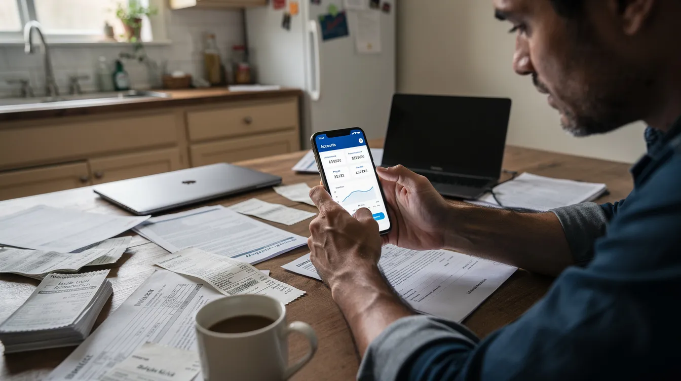 A person is sitting at a kitchen table surrounded by bills and documents while using their smartphone to browse various financial services, including options for 小額 貸款 and 即時 批 核. The atmosphere suggests they are exploring ways to manage their finances or apply for a loan.