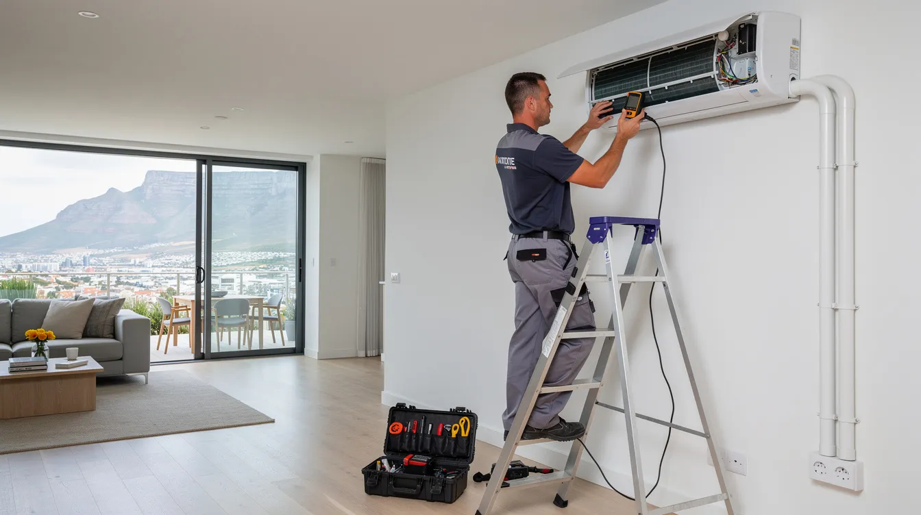 A professional air conditioning technician is seen servicing a wall-mounted split-system air conditioner in a modern Cape Town property, utilizing the latest technology to ensure optimal cooling. The technician is focused on checking for leaks and ensuring the air conditioning system operates efficiently, an important part of regular maintenance to avoid damaging the unit.