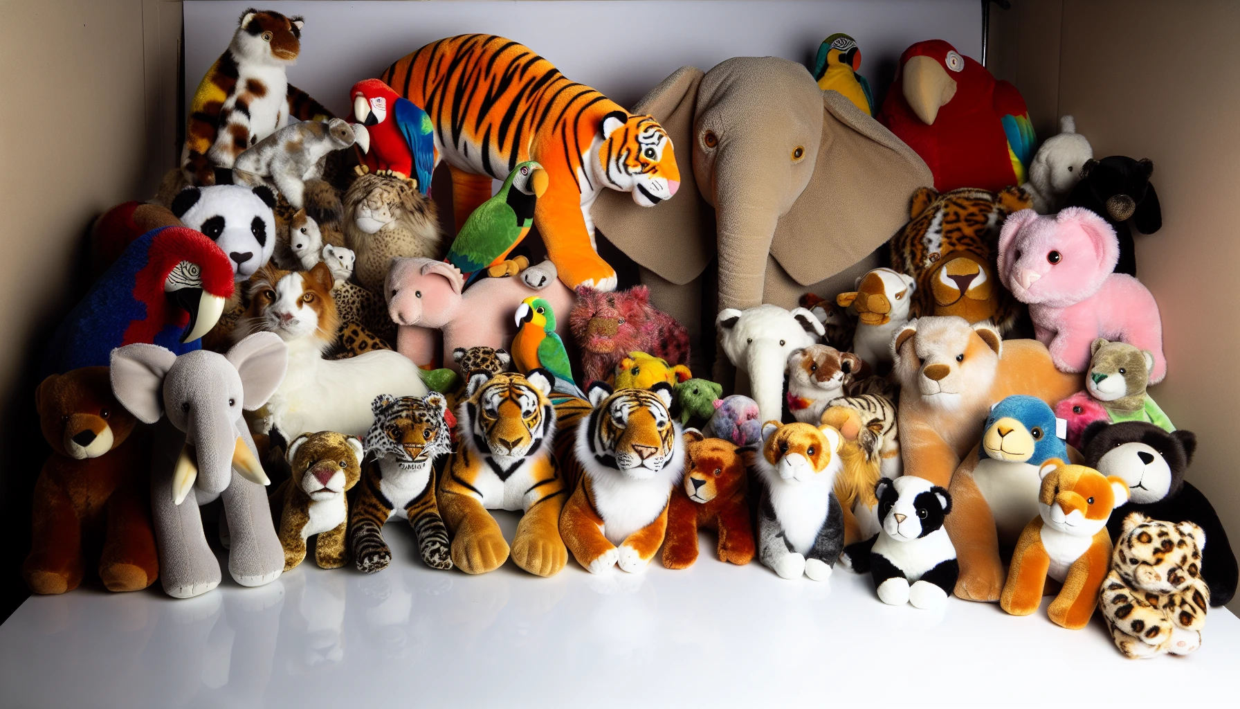 A variety of plush animals, including exotic wildlife and domestic pets, representing the different types of plush animals available