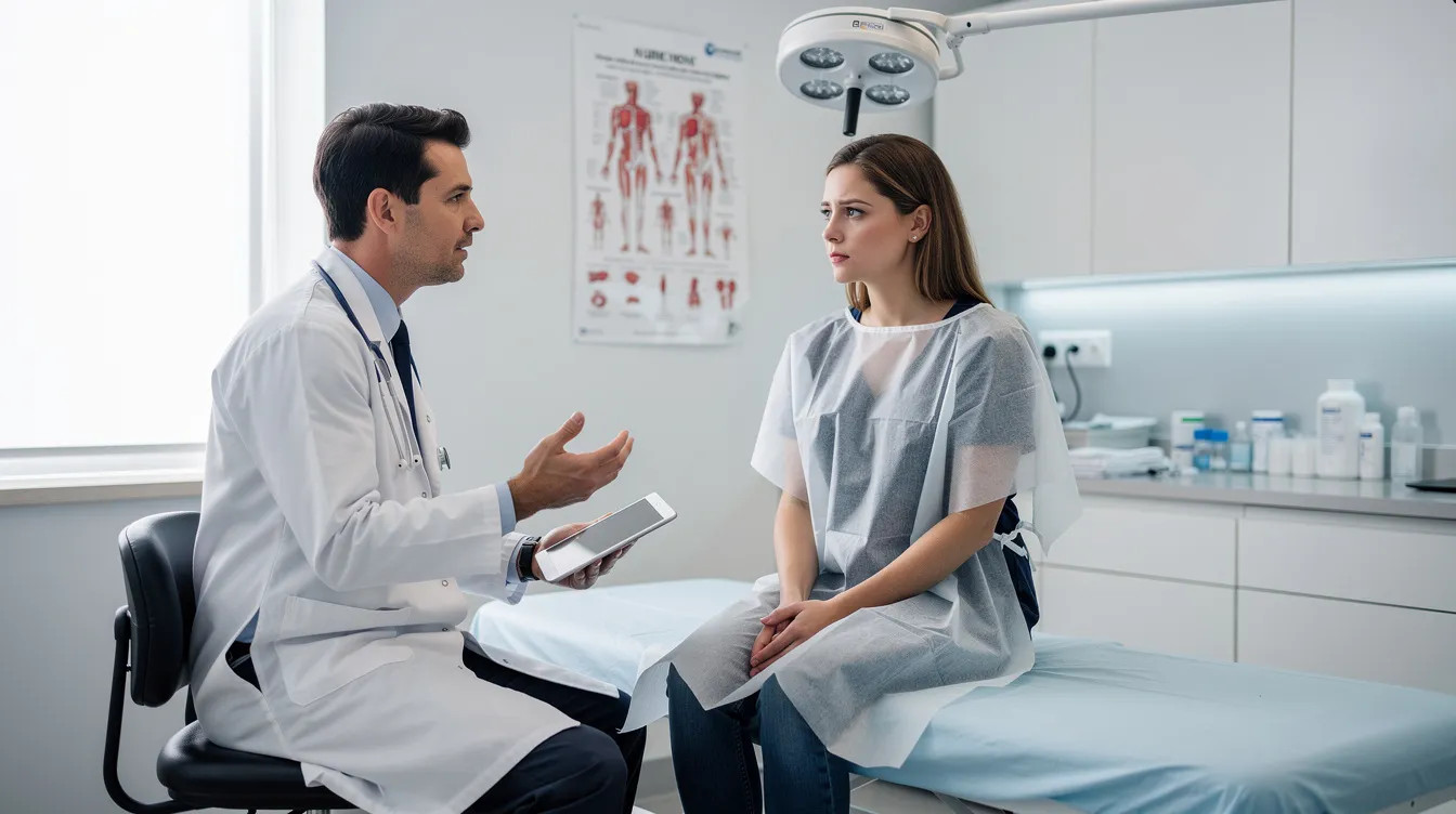 A patient is discussing their treatment and recovery with a doctor in an examination room, highlighting the importance of effective communication in managing their workers compensation claim. The scene captures the healthcare providers' commitment to helping injured workers navigate the complexities of medical care and insurance processes.