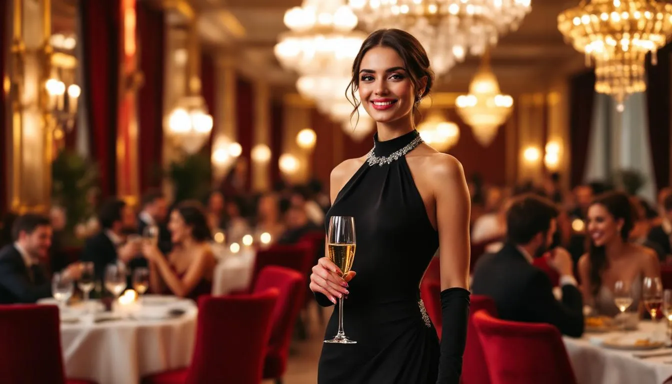 W eleganckiej restauracji, para w stylowych strojach uczestniczy w przyjęciu urodzinowym. Mężczyzna ma na sobie elegancki garnitur, a kobieta nosi elegancką sukienkę koktajlową w intensywnym kolorze, co idealnie pasuje do charakteru imprezy.