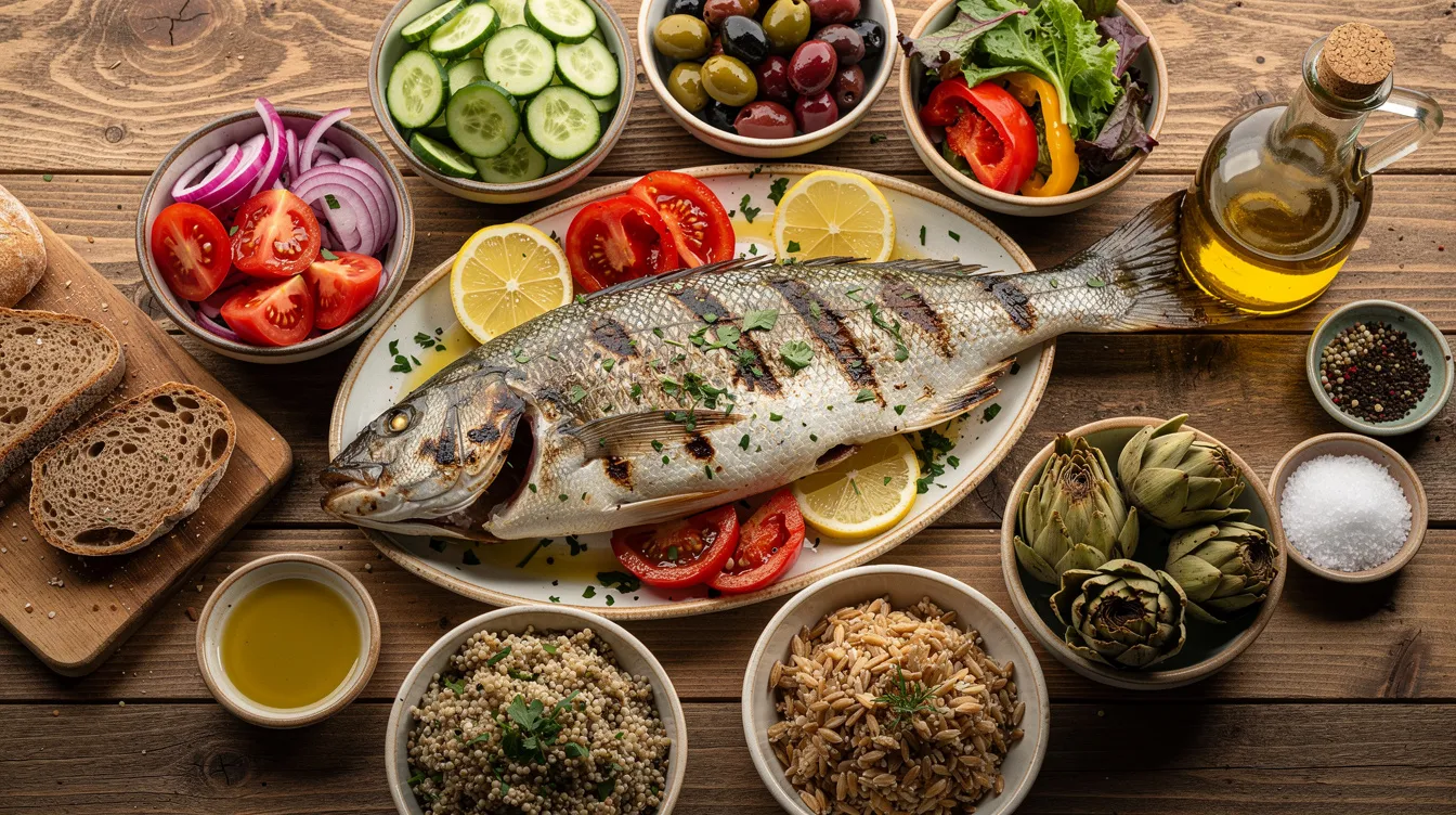 The image depicts a vibrant Mediterranean meal on a wooden table, featuring fresh vegetables, grilled fish drizzled with olive oil, and whole grains, highlighting a healthy diet that can help lower cholesterol levels and reduce the risk of heart disease. This colorful spread emphasizes the importance of incorporating healthy fats and nutrient-rich foods to maintain good cholesterol, such as high-density lipoprotein (HDL).