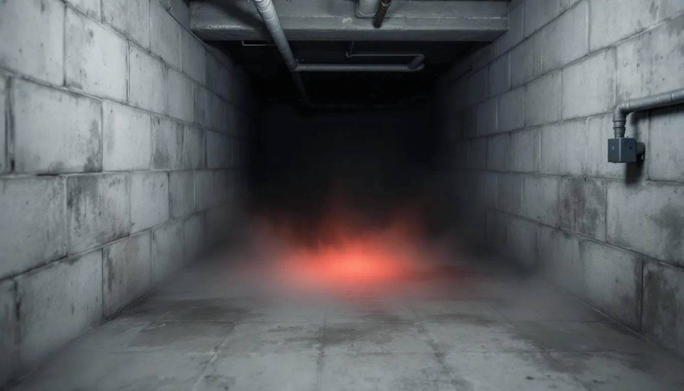 Dans l'image, on voit un sous-sol d'une maison, avec des murs en béton et des fissures visibles, où le gaz radon, un gaz radioactif naturel, peut s'accumuler. Cette concentration de radon dans l'air intérieur pose des risques pour la santé, notamment le développement d'un cancer du poumon, en particulier pour les non-fumeurs exposés à des niveaux élevés.