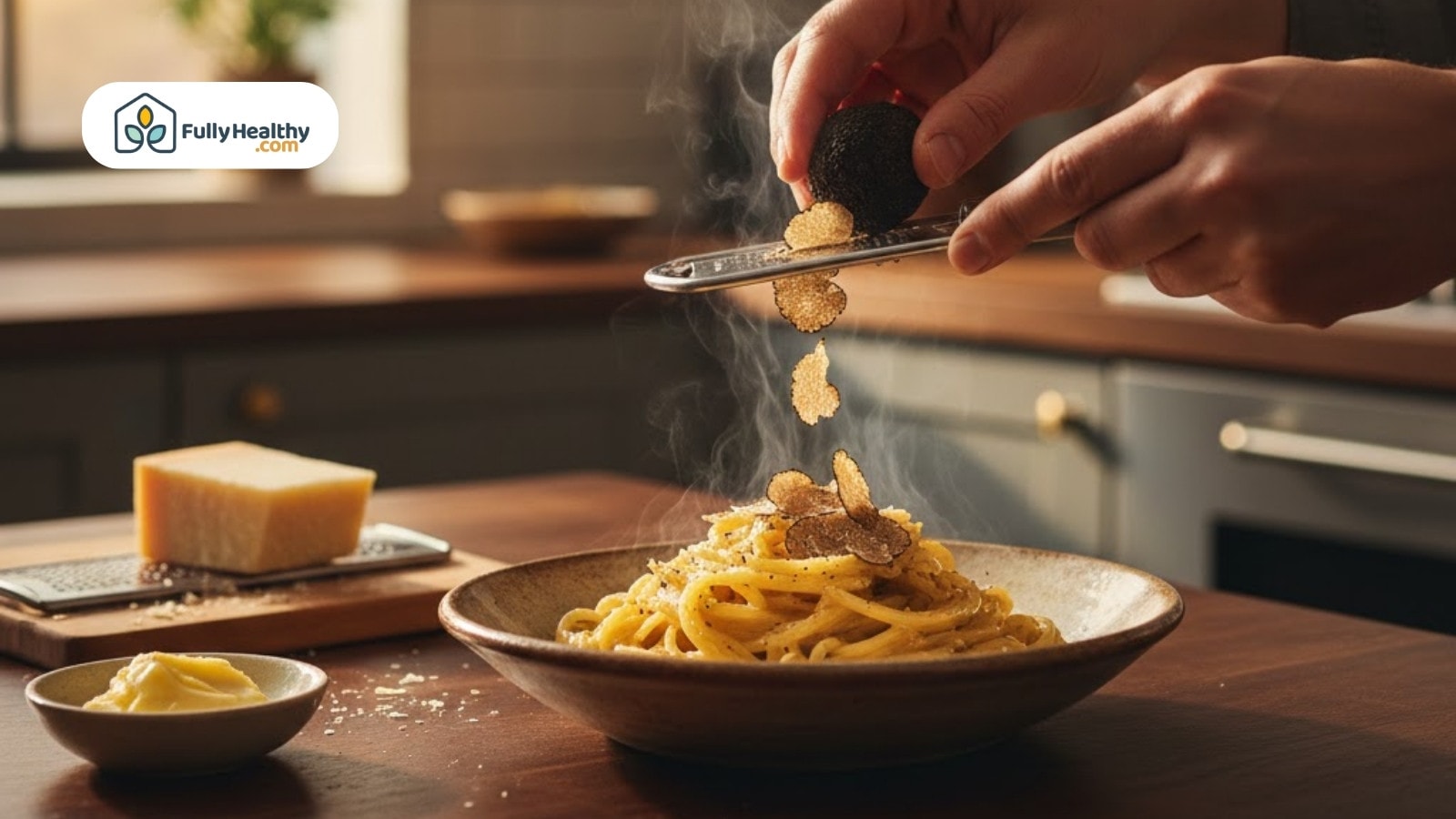 Chef shaving fresh black truffle over steaming pasta dish