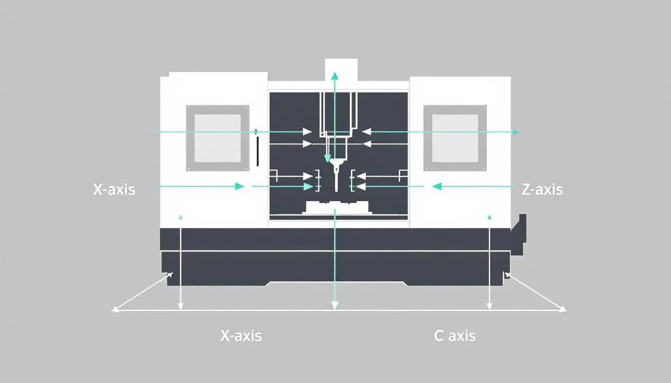 The image is a detailed diagram illustrating the movement directions of all five axes on a CNC machine, including three linear axes (X, Y, Z) and two rotational axes (A and B), showcasing how the cutting tool can operate simultaneously across these axes to create complex shapes and intricate parts with high precision. The diagram emphasizes the advanced capabilities of 5 axis machining, allowing for efficient production of intricate details and optimal angles in a single setup.