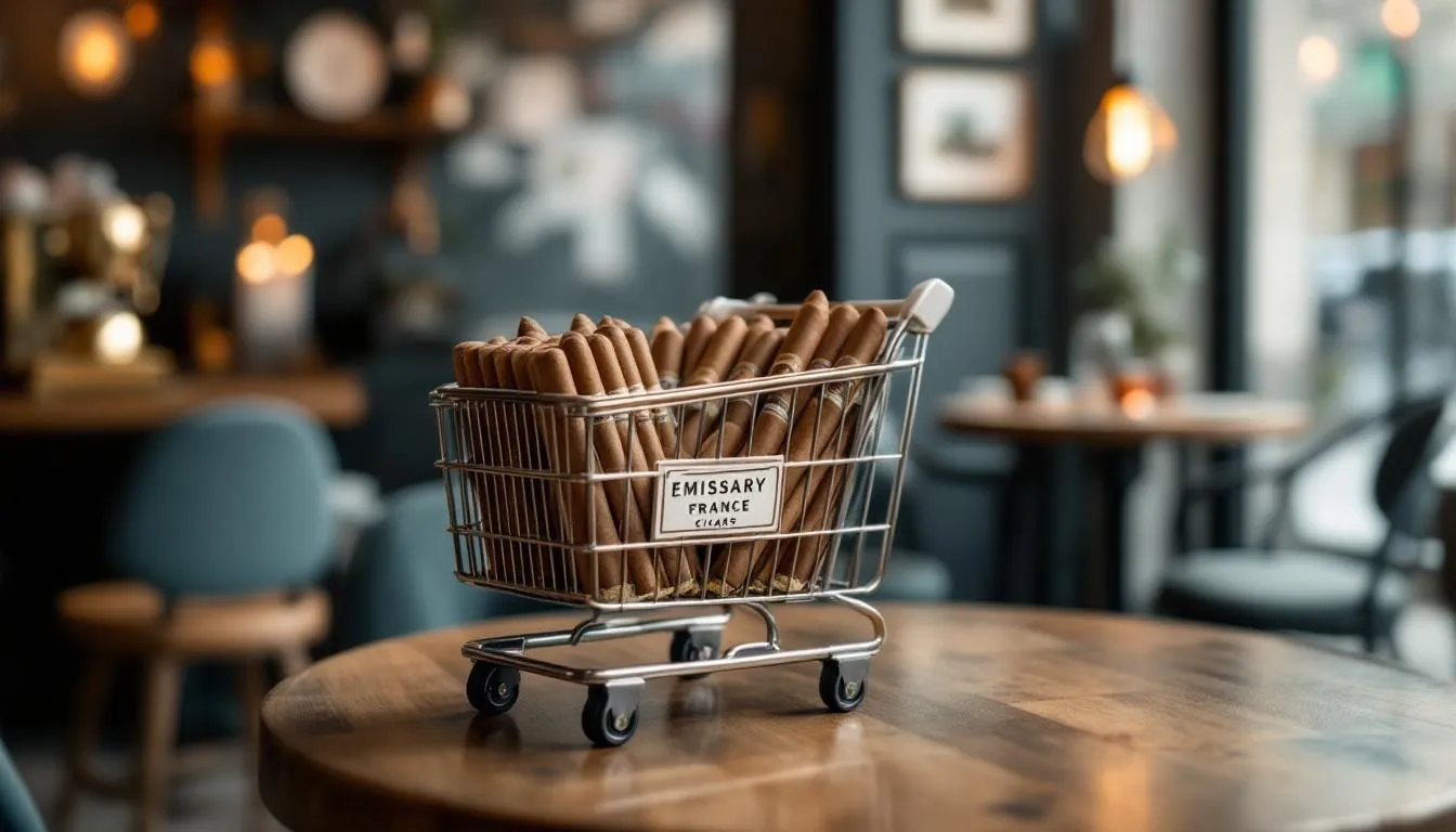 An image of a blurred online shopping cart featuring Emissary France cigars.