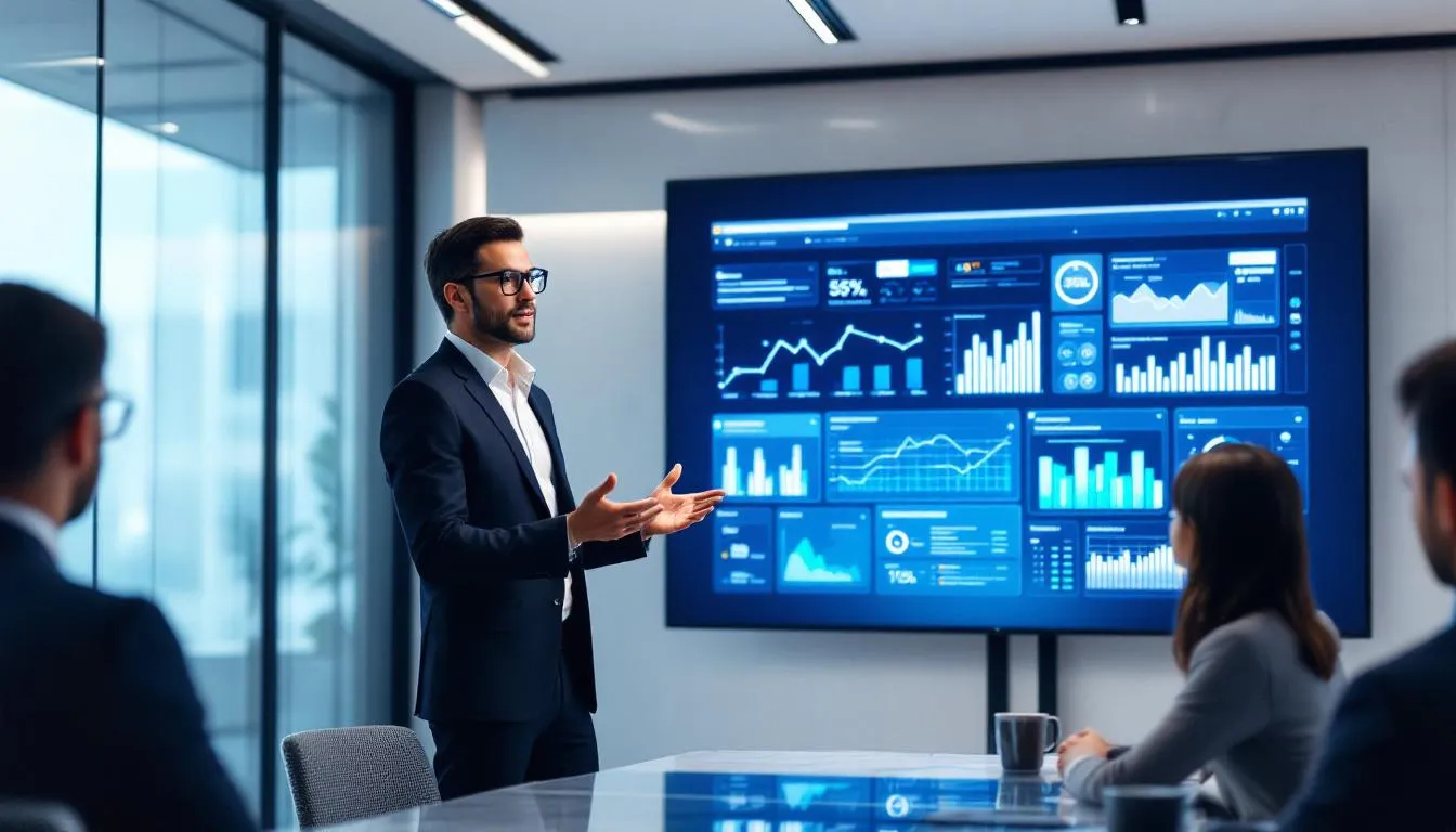 A professional AI consultant is presenting an analytics dashboard to a group of business executives in a modern conference room, showcasing AI-driven solutions and data analytics that emphasize the importance of AI strategy and implementation for achieving business objectives. The atmosphere reflects a focus on digital transformation and fostering innovation through artificial intelligence technologies.
