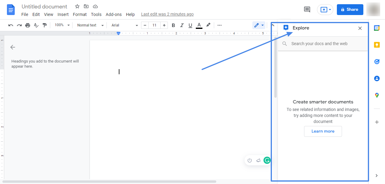the explore tab in google docs