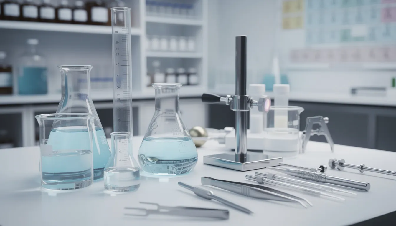 Das Bild zeigt eine Laborausrüstung mit Glaskolben und verschiedenen wissenschaftlichen Instrumenten, die zur Erforschung von Cannabinoiden wie HHC und THC verwendet werden. Auf dem Tisch sind auch Notizen zu den chemischen Strukturen und den Wirkungen auf das Endocannabinoid-System zu sehen.