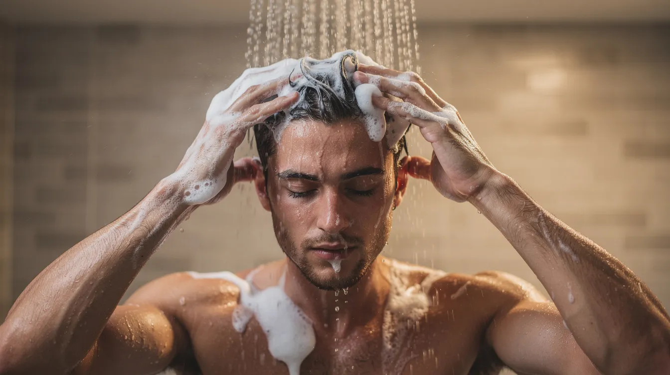 A man with a shaved head is in the shower, applying a thickening shampoo while water runs over him, promoting scalp health and stimulating hair growth. The shampoo is designed to strengthen hair and reduce thinning, providing an effective solution for healthier hair.