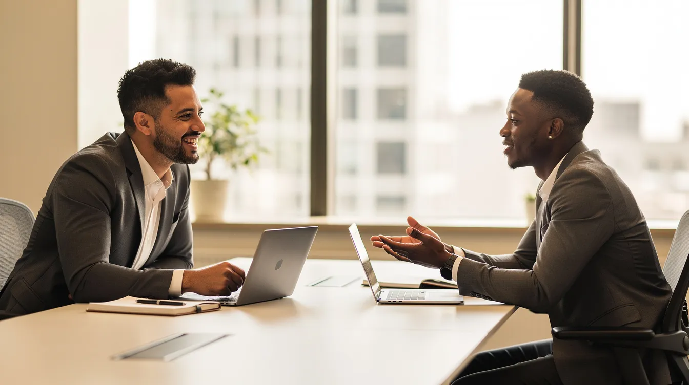 Deux professionnels discutent de manière détendue autour d'une table de réunion, échangeant des idées et des retours sur leurs projets. Cette interaction illustre l'importance de la communication et du feedback dans un environnement de travail collaboratif.