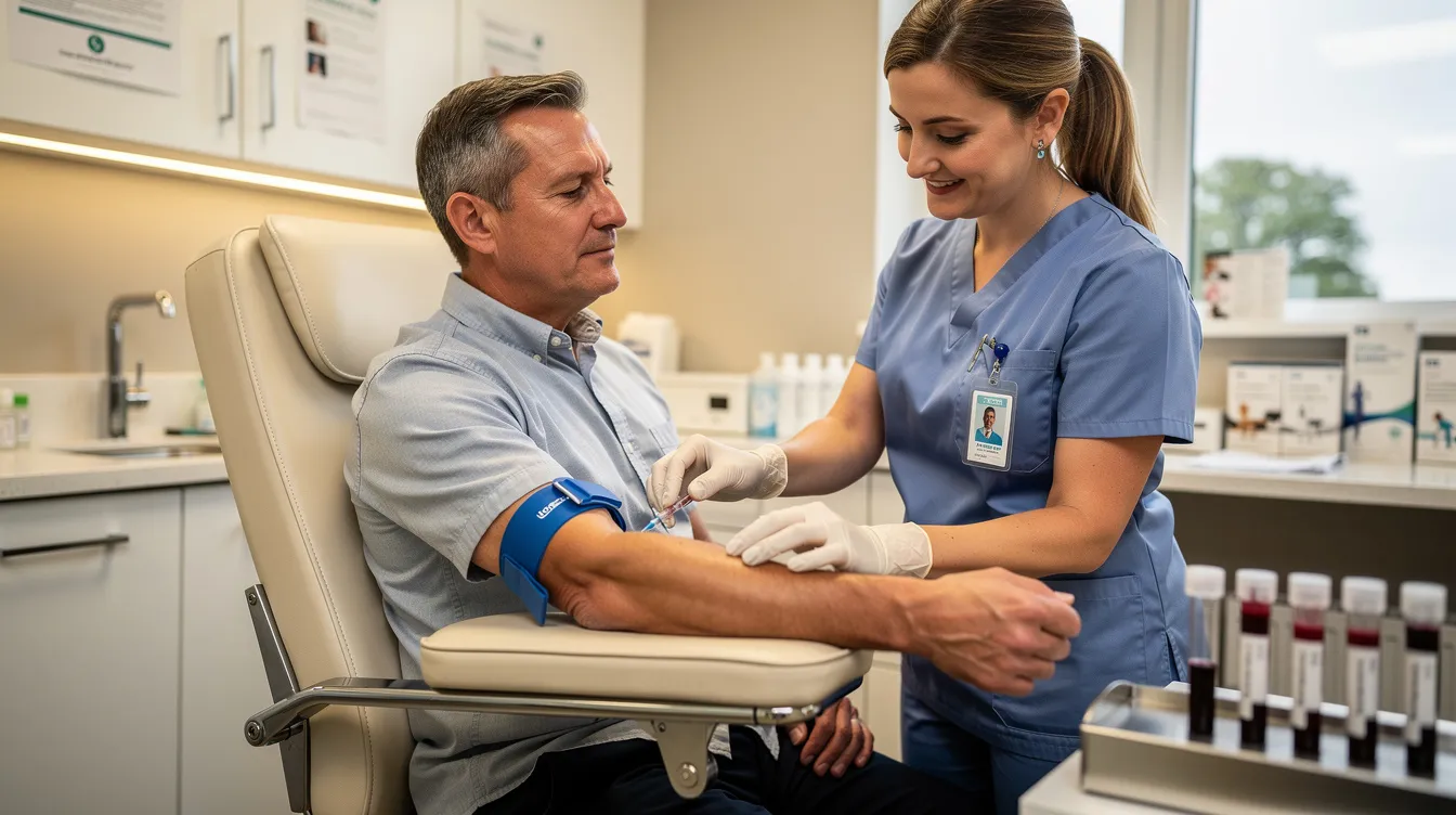 A middle-aged adult is seated at a laboratory service center while a healthcare professional draws a blood sample for various lab tests, including those that may assess cardiovascular health and risk factors for heart disease. The setting reflects a typical environment for laboratory testing, where patients can order lab tests to monitor their overall health and obtain important medical information.