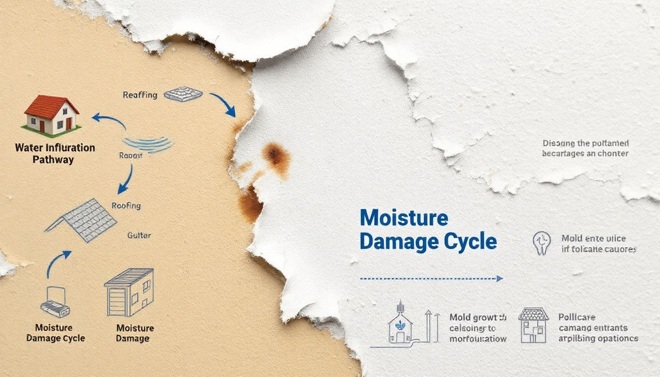 A close-up of peeling paint on a wall, which can be a sign of water damage.