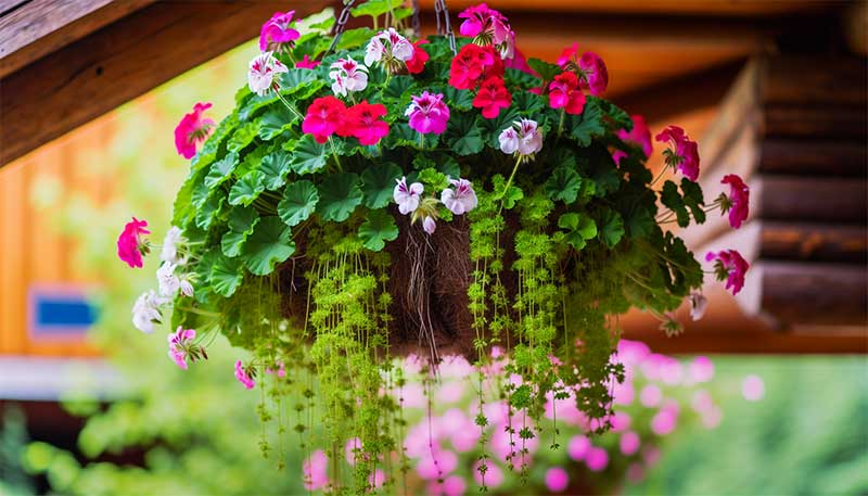 Colorful cascading blooms of Ivy Geraniums in a hanging basket