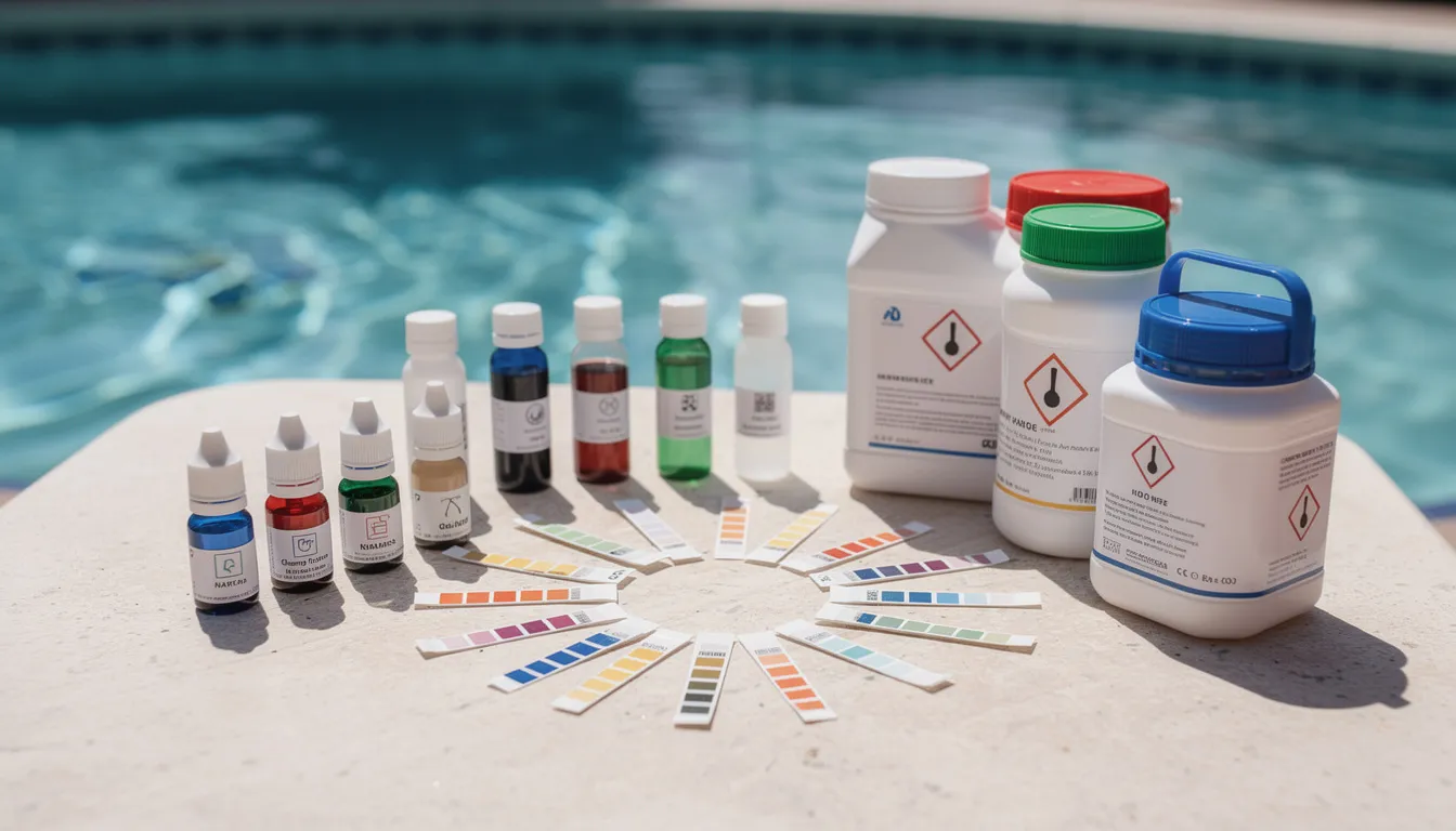 The image shows a collection of pool testing supplies, including test strips, liquid reagent bottles, and various chemical containers, all neatly arranged on a table by the swimming pool. These essential pool maintenance tools are crucial for pool owners to regularly test and maintain proper pool water chemistry, ensuring a safe and enjoyable swimming environment.