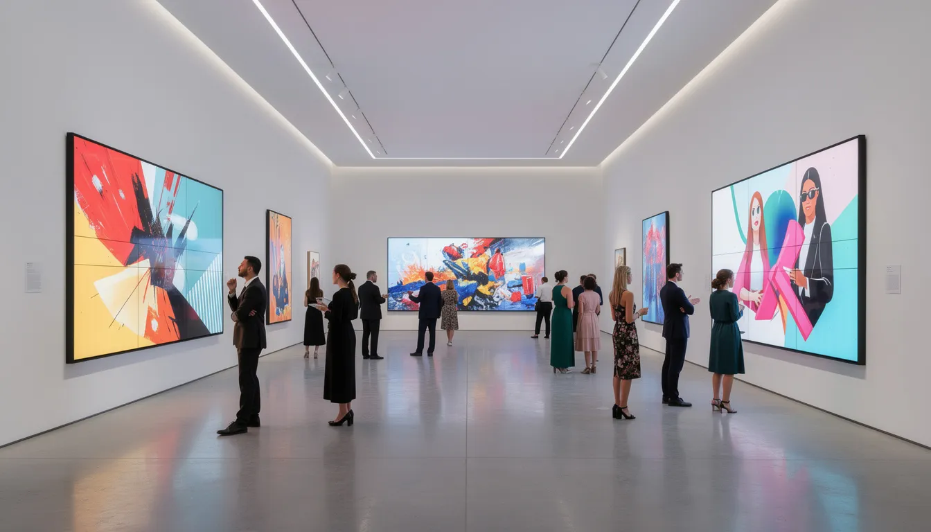 The image depicts a modern digital art gallery where visitors are engaged in viewing vibrant artwork displayed on large screens. This innovative digital platform showcases the intersection of technology and art, providing a unique experience for users while emphasizing the importance of data security and effective communication tools in contemporary business operations.