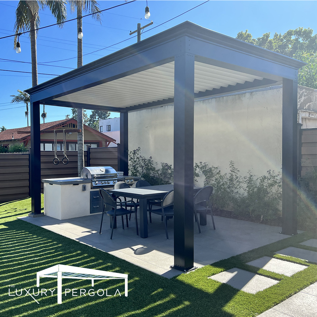 A pergola made of durable material that can withstand strong winds