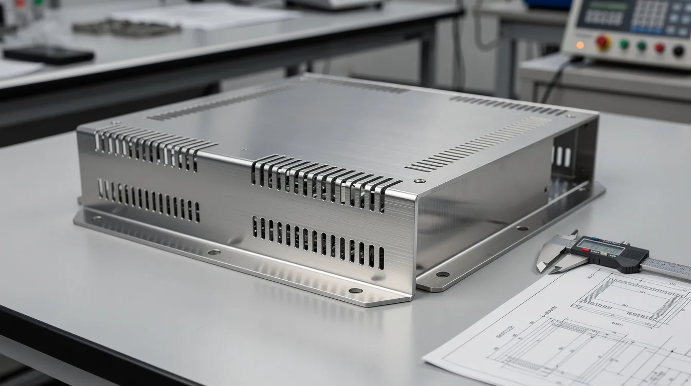 The image depicts a stainless steel electronic enclosure featuring multiple precise bends and laser-cut ventilation slots, resting on a factory inspection table. This enclosure, made from austenitic stainless steel, showcases the bending process with well-defined bend lines and a polished finish, highlighting its corrosion resistance and suitability for various industries.