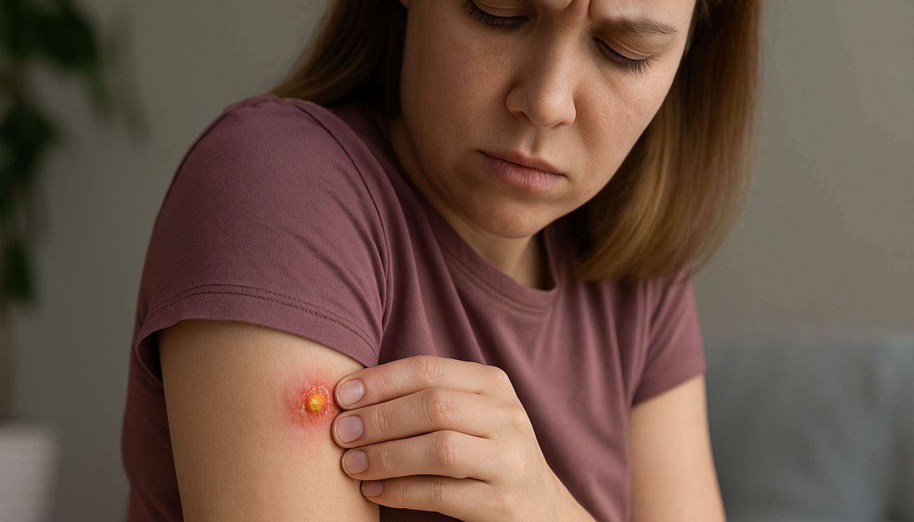 Kvinne undersøker betent byll på overarm med rødhet og puss.