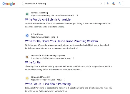 screen shot of google "write for us" search