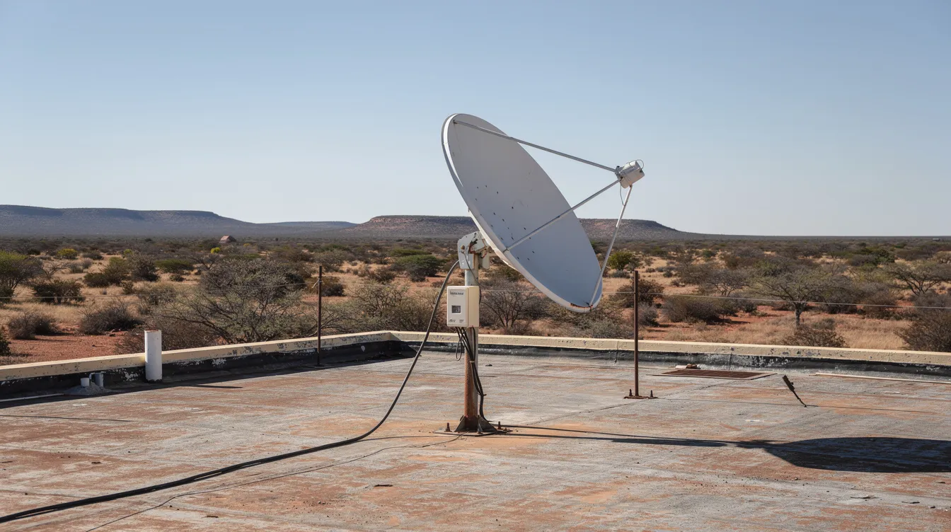 A satellite dish is prominently mounted on a rooftop, overlooking the dry and arid landscape of the Karoo region. This image highlights the essential elements of DSTV installation, showcasing the importance of proper dish alignment for optimal satellite TV reception in Oudtshoorn.