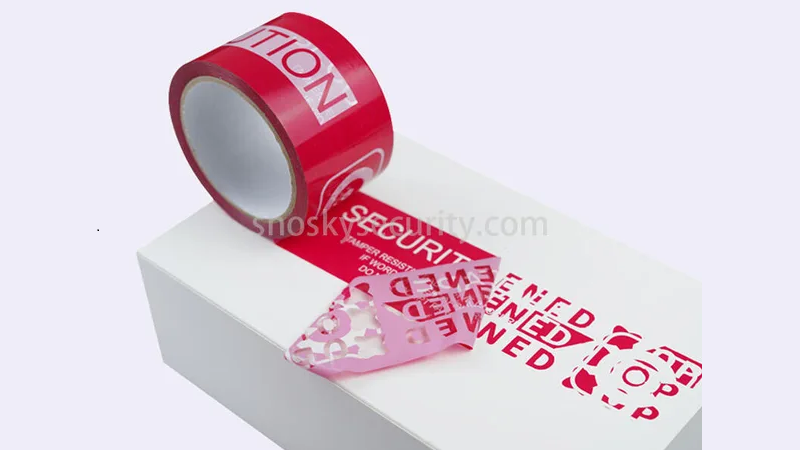 Red tamper-evident security tape on a white e-commerce packaging box