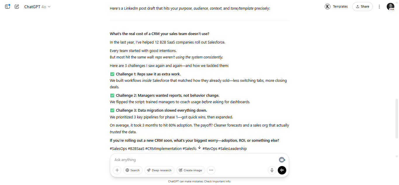 ChatGPT output showing a well-structured LinkedIn post with clear hook, body, and call to action
