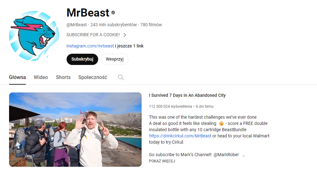 Drugi najpopularniejszy kanał na YouTube: MrBeast.