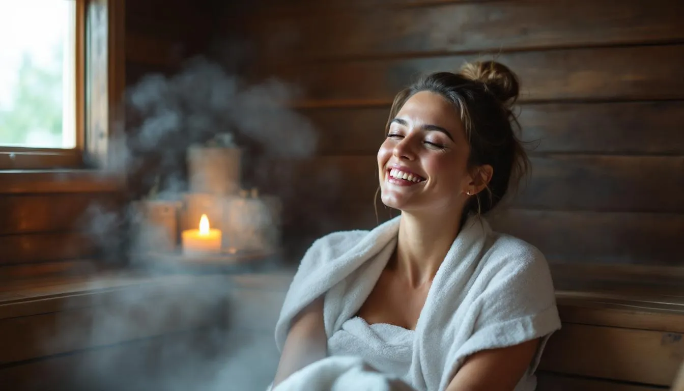 A happy lady is enjoying a sauna session, surrounded by warm wooden walls, which promotes relaxation and health benefits. Regular sauna bathing can enhance cardiovascular health and alleviate chronic pain, making it a popular choice for wellness enthusiasts.