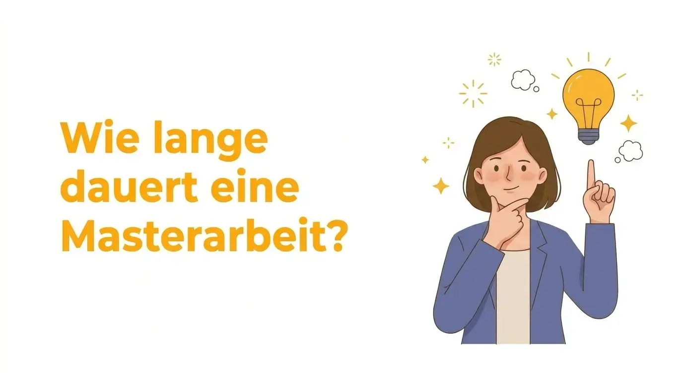 Illustration zur Frage „Wie lange dauert eine Masterarbeit?“ mit einer denkenden Studentin und einer Glühbirne als Symbol für Themenfindung и Zeitplanung.