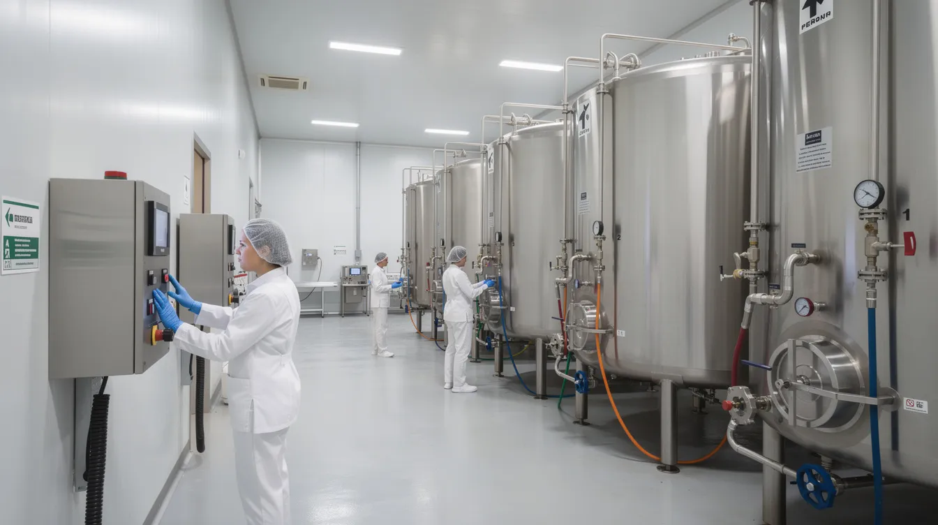 The image depicts a modern stainless steel dairy processing facility where workers in white uniforms are operating advanced equipment near large milk storage tanks, highlighting the efficient processing of fresh milk and dairy products. This dairy processing plant embodies the industry's commitment to quality assurance and hygiene standards, essential for meeting the rising demand for pasteurized milk and flavored milk in the dairy business.