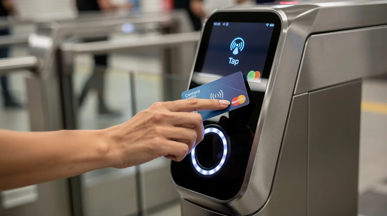 A hand is tapping a contactless smart card on a modern fare reader at a transit gate, facilitating convenient access for passengers using public transport in Dubai. The fare reader is part of the city's transportation services that connect various destinations, including metro, buses, and water taxis.