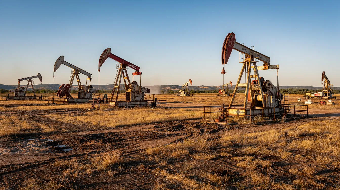The image shows pumpjacks operating in an open field beneath a clear blue sky, symbolizing the energy sector's ongoing efforts in oil and gas extraction. This scene reflects the broader landscape of energy projects, including renewable energy initiatives and regulatory compliance, vital for energy industry clients and project developers.