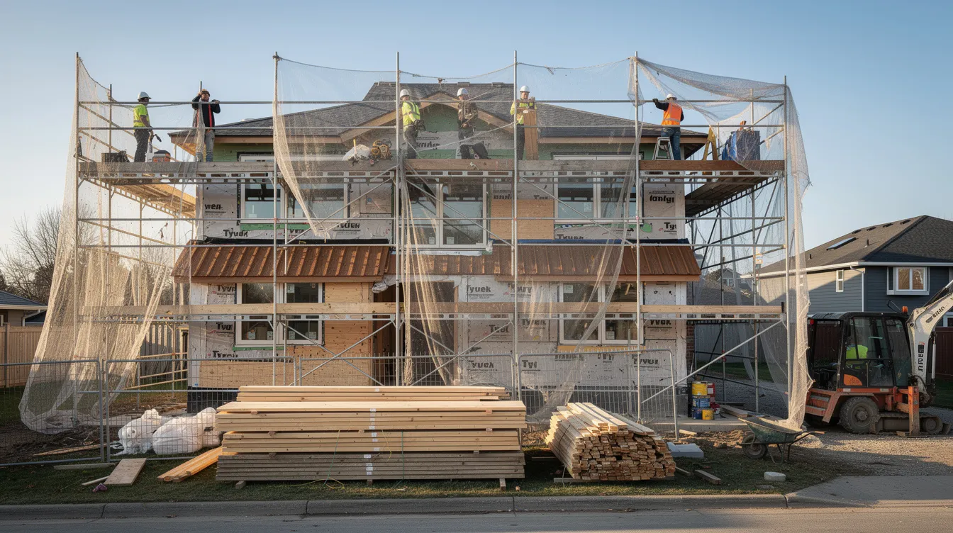 The image depicts a busy construction site featuring scaffolding around a two-storey residential building, highlighting the ongoing work typical of real estate investment projects. Many real estate investors often seek hard money loans to finance such fix and flip projects, allowing for quicker access to funds compared to traditional bank loans.