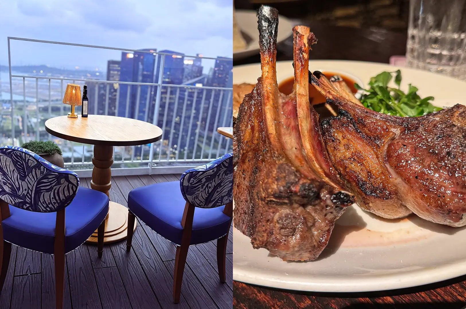 Left: Eye-level view of a balcony dining setup with two upholstered blue chairs and a small round wooden table, holding a lit table lamp and a bottle, positioned on a wooden deck beside a glass railing overlooking a blurred city skyline at dusk with cool blue ambient light. Right: Close-up, slightly angled view of grilled chops on a cream-colored plate, showing charred edges and bone handles, served with a dark sauce and a side of fresh greens, set on a wooden table under warm, focused lighting.