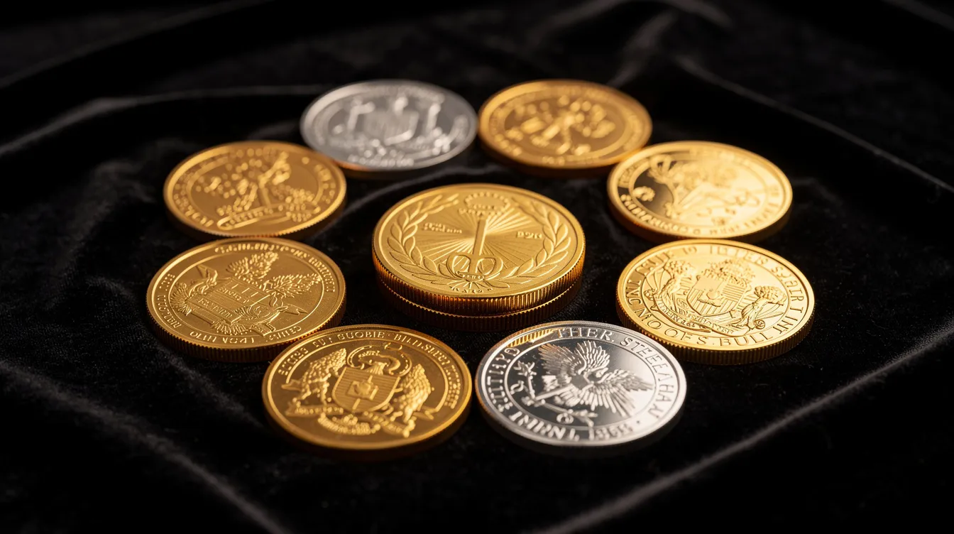 The image features an elegant arrangement of gold and silver bullion coins, including the lion gold coin and silver Canadian polar bear, displayed on a dark velvet surface, highlighting their sheen and value as precious metals. This visually appealing setup emphasizes the importance of physical gold and silver in investment portfolios and retirement accounts.