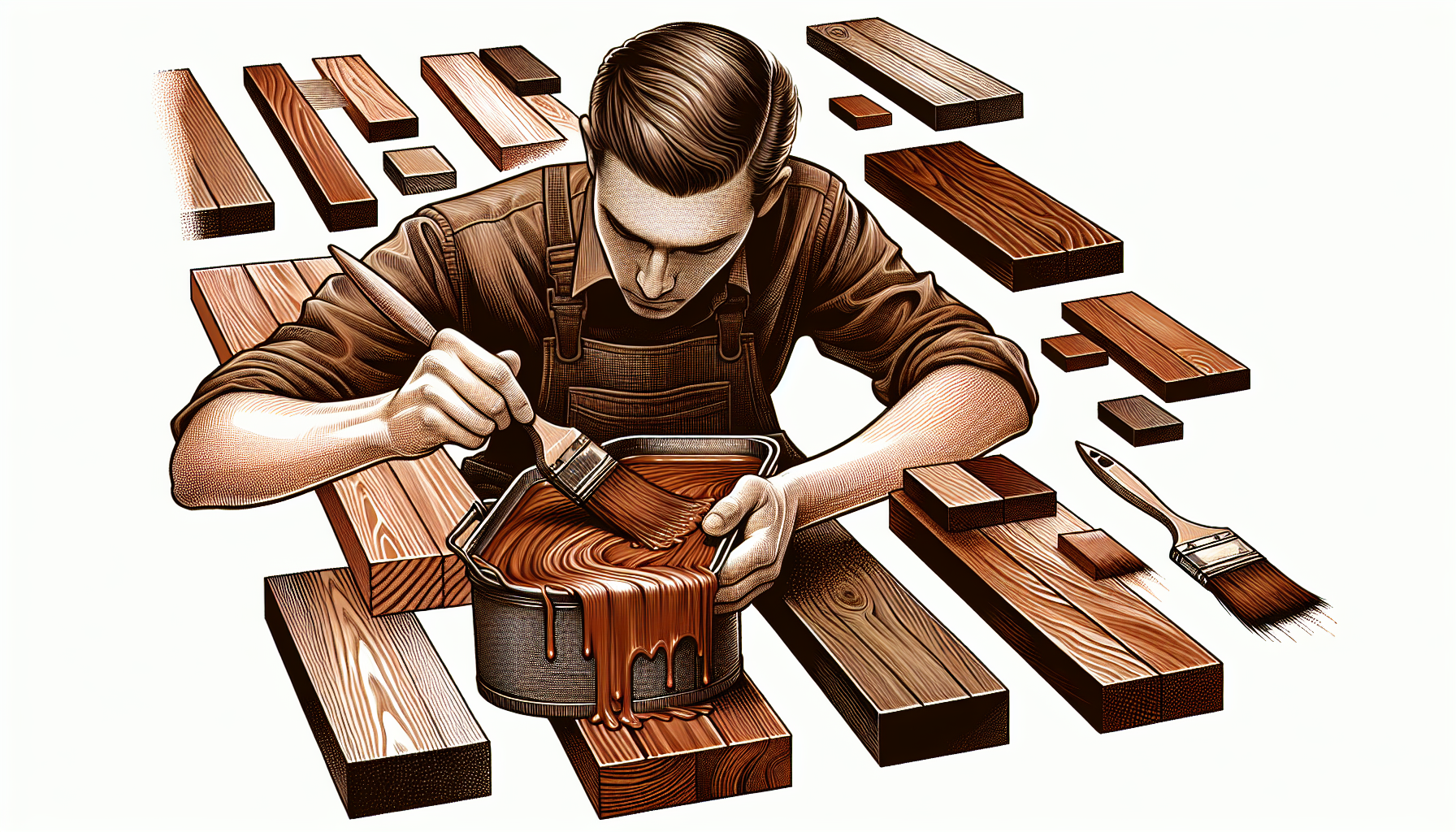 Illustration of a professional applying deck stain to different wood types