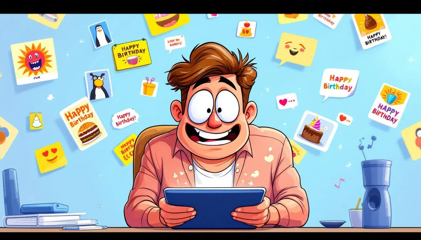 A person choosing digital funny birthday ecards on a tablet.
