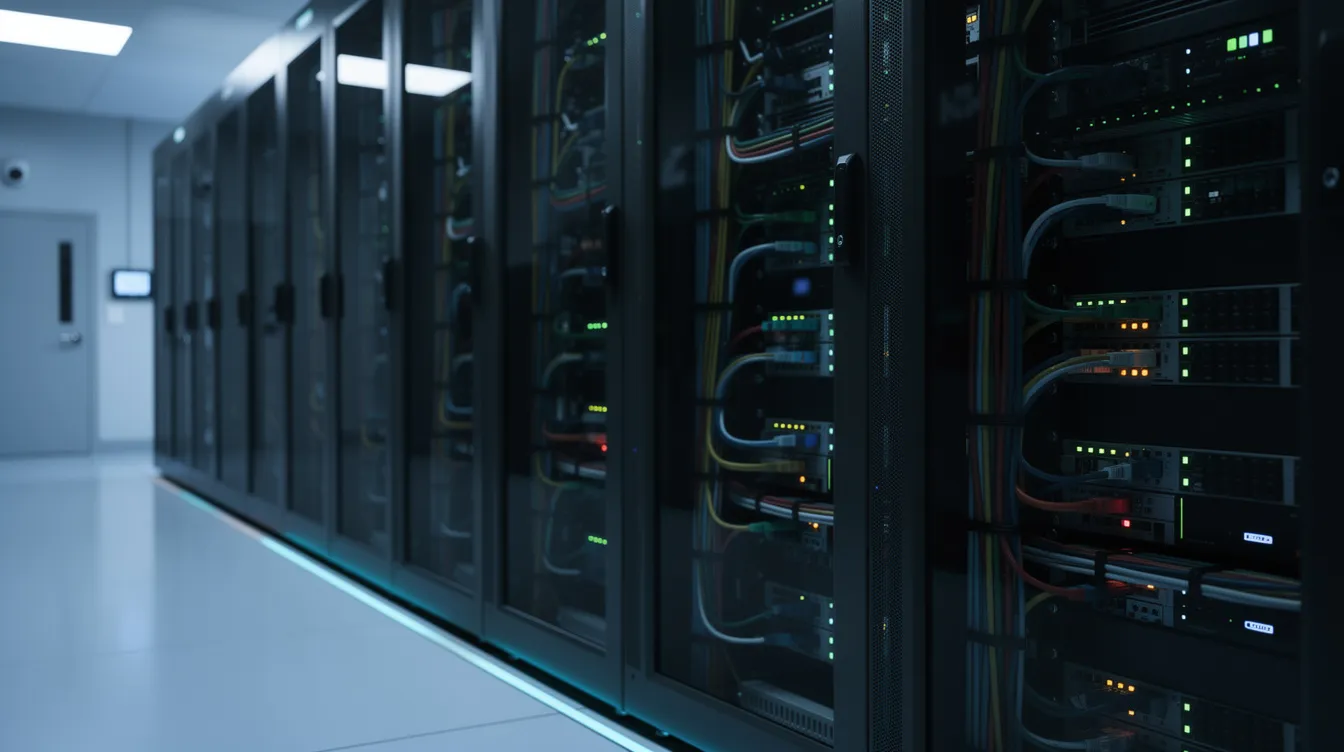 The image depicts a secure server room filled with organized cables and blinking lights, highlighting the importance of data security and technology in the legal industry. This environment is essential for legal professionals who rely on AI tools for efficient legal research and document review.