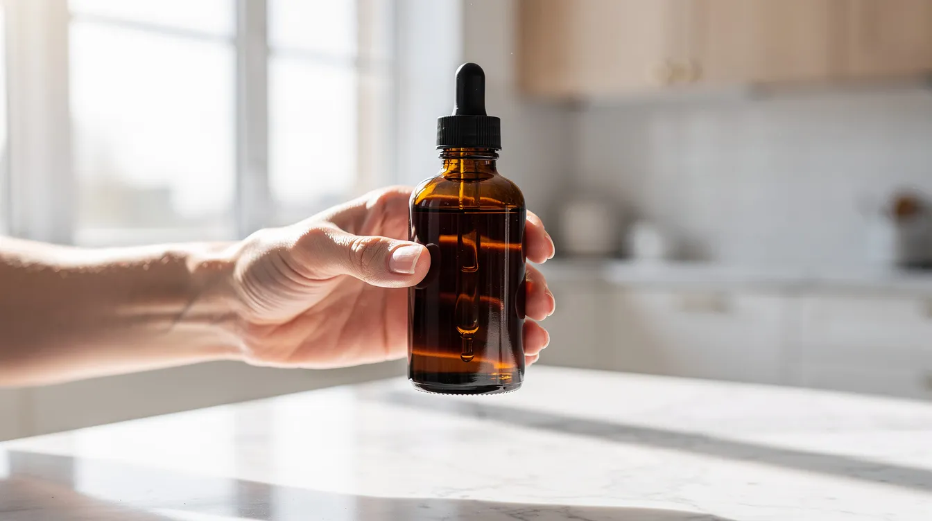 A person is holding a small dark glass dropper bottle of CBD tincture in a bright kitchen, suggesting a focus on health and wellness through the use of hemp-derived CBD products. The warm lighting highlights the bottle, which contains liquid extracts that may offer various health benefits.
