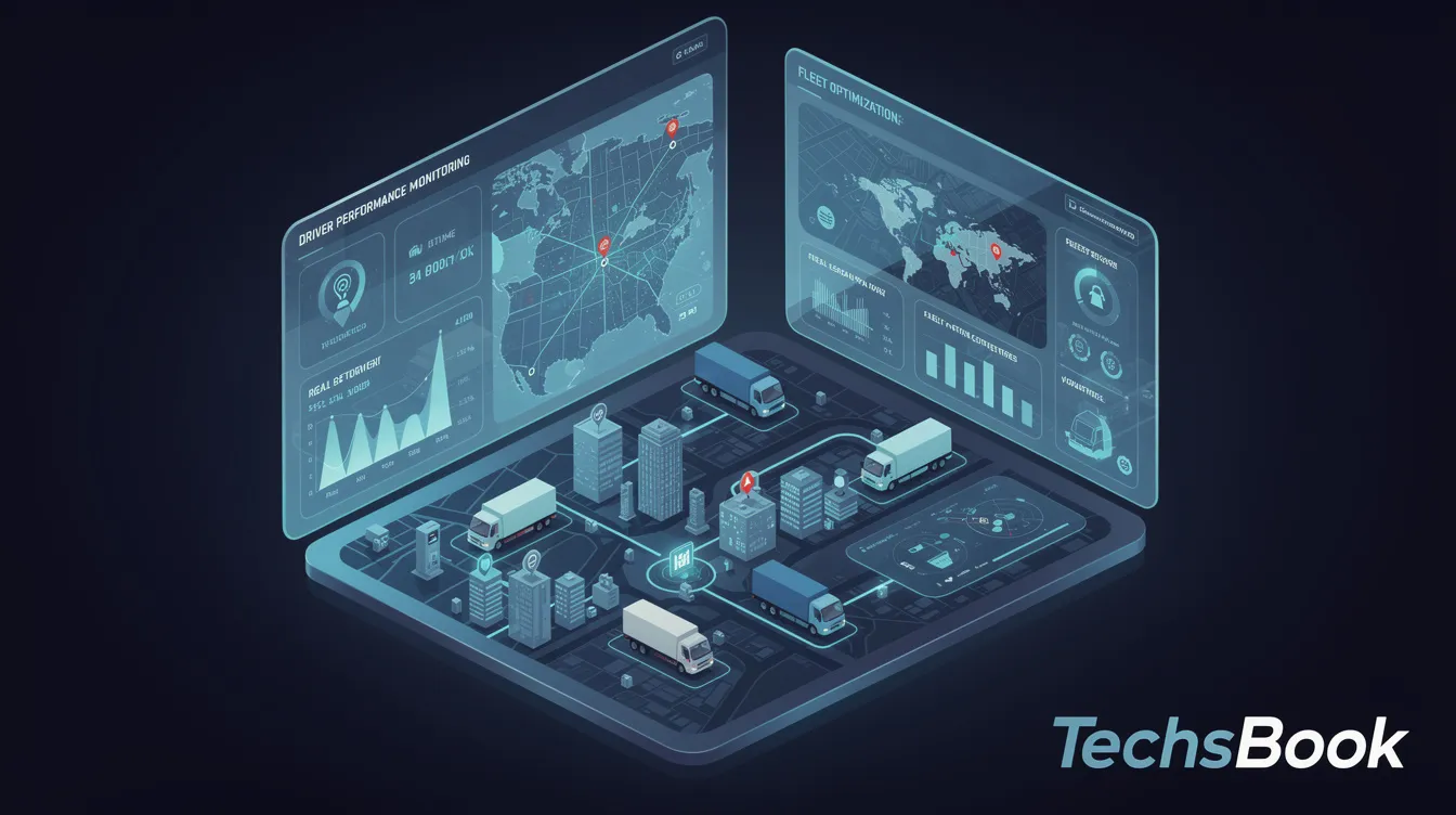 Using Fleet Tracking Data to Reduce Roadcheck OOS Rates: The image features a dynamic video scene showcasing fleet optimization and driver performance monitoring, highlighting the importance of GPS fleet tracking systems in reducing fuel costs and enhancing operational efficiency. At the bottom right, the stylish and bold text "TechsBook" is displayed, emphasizing the modern approach to fleet management.