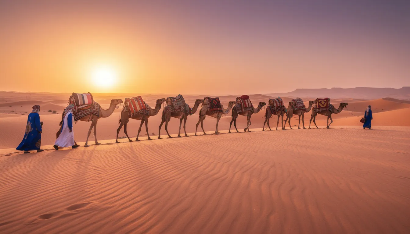 A camel caravan gracefully crosses the golden sand dunes of the Sahara Desert at sunset, creating a picturesque scene that highlights the beauty of Morocco. This unforgettable experience is a perfect way for travelers to explore the enchanting landscapes during their journey through the country.